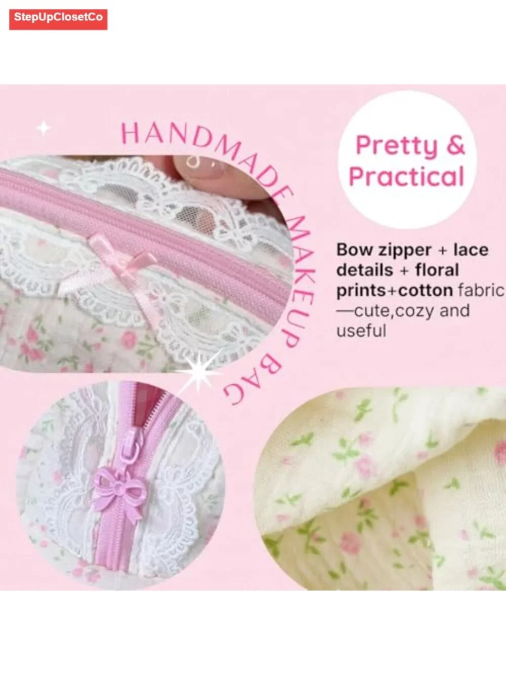 Handmade Quilted Cotton Makeup Bag Floral Bow Cute Cosmetic Pouch
